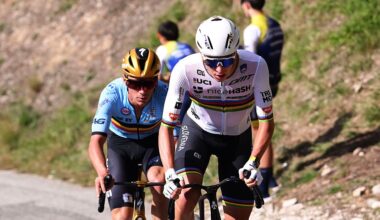 GUILHERAND-GRANGES, FRANCE - OCTOBER 05: Tadej Pogacar and Team Slovenia (R) attacks to Remco Evenepoel and Team Belgium (L) in the breakaway during the 31st UEC Road Cycling European Championships 2025 - Men&amp;apos;s Elite Road Race a 202.5km race from Privas to Guilherand-Granges on October 05, 2025 in Guilherand-Granges, France. (Photo by Bernard Papon - Pool/Getty Images)