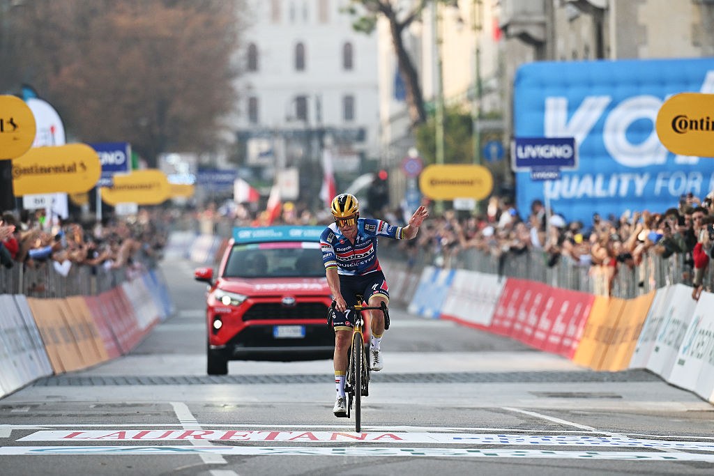 BERGAMO, ITALY - OCTOBER 11: Remco Evenepoel of Belgium and Team Soudal Quick-Step crosses the finish line as second place winner during the 119th Il Lombardia 2025 a 241km one day race from Como to Bergamo on October 11, 2025 in Bergamo, Italy. (Photo by Dario Belingheri/Getty Images)