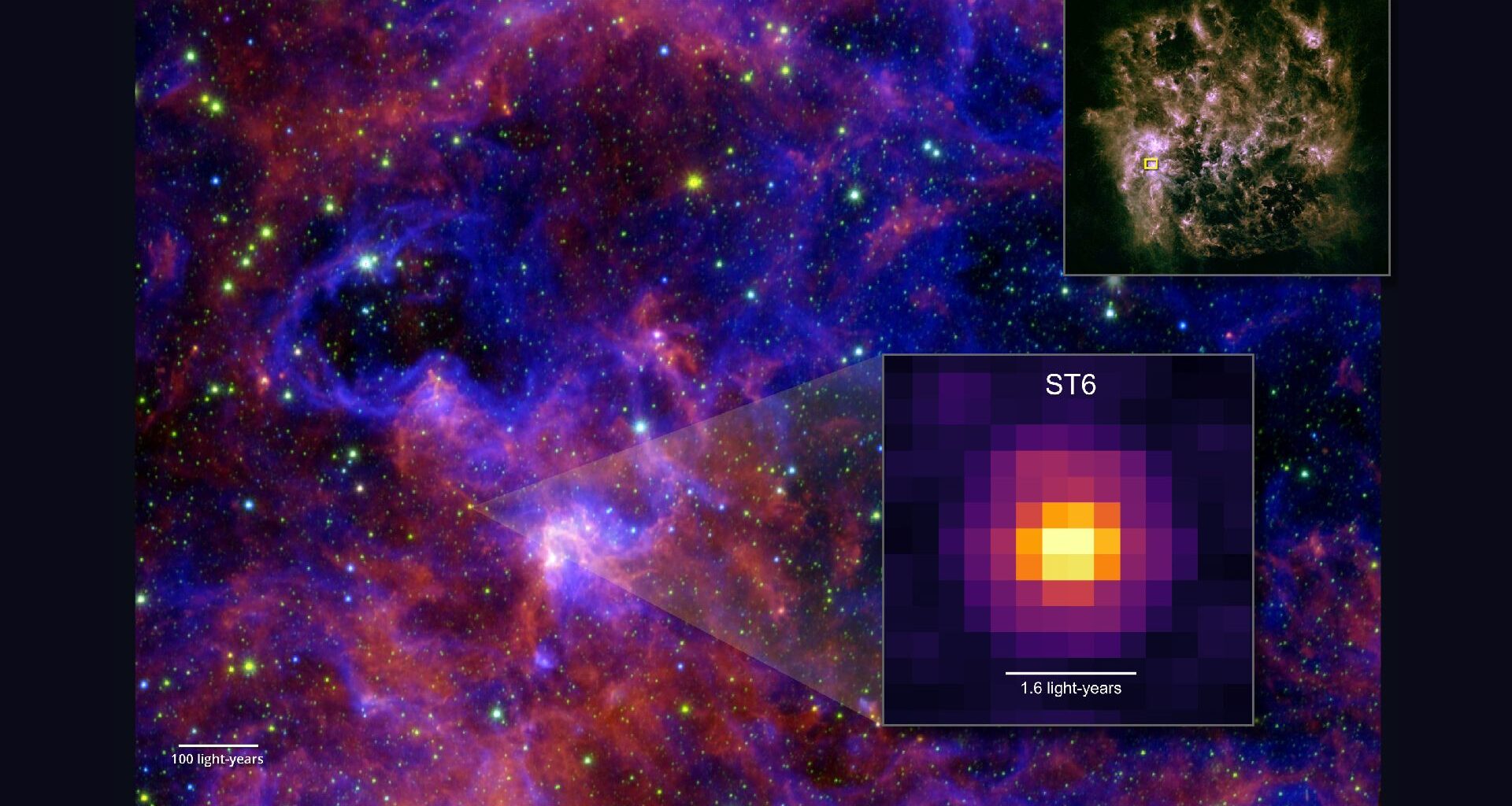 a photo of a colorful starr region with a zoomed-in inset showing the star ST6