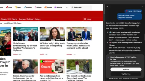 ChatGPT A screenshot of the BBC News homepage, with the ChatGPT chatbot on the right hand side. ChatGPT has summarised the top 5 news stories in bullet points. A pop-up appears offering a free trial of ChatGPT Plus.