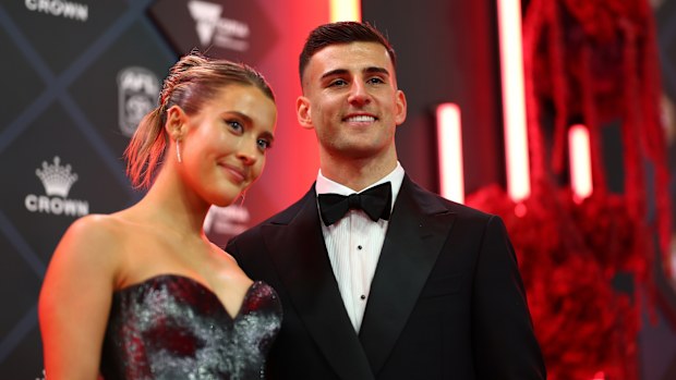 Nick Daicos of Collingwood and partner Arlette Amor at the 2025 Brownlow Medal on September 22, 2025 in Melbourne, Australia.