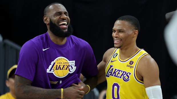 LeBron James and Russell Westbrook of the Los Angeles Lakers in October of 2022.