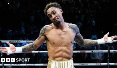 Ben Whittaker celebrating his win over Liam Cameron in April