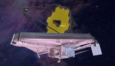 An artist's impression of the James Webb Space Telescope flying through space against a star strewn deep blue sky featuring nebula clouds.