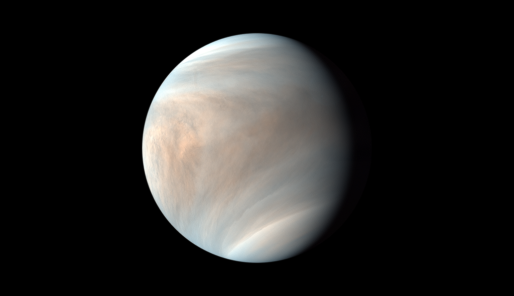 An image of Venus in space with this brown and blue streaks of clouds showing in its atmosphere
