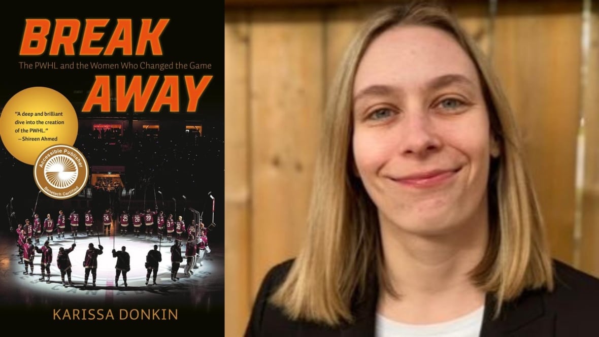 A book cover with women playing ice hockey and a headshot photo of a woman with a shoulder-length blonde hair. 