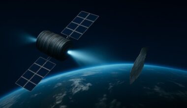 A rendering of a spacecraft moving a piece of space debris using an ion beam.