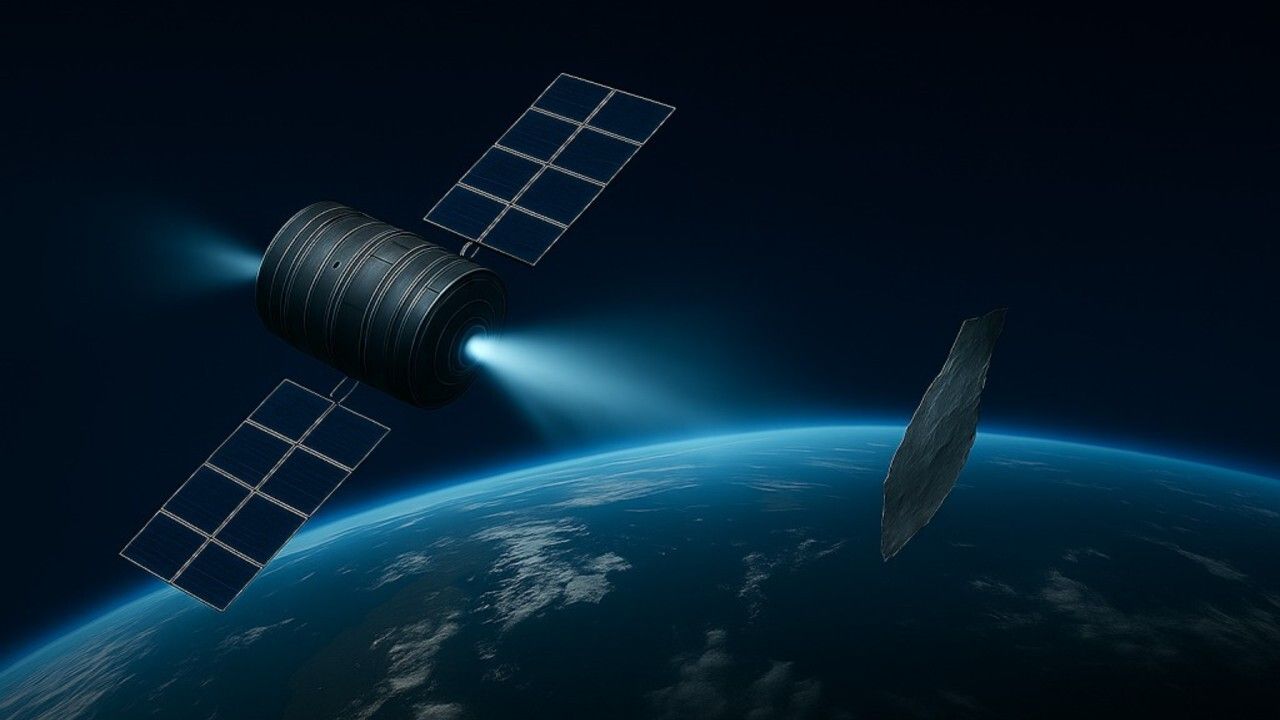 A rendering of a spacecraft moving a piece of space debris using an ion beam.