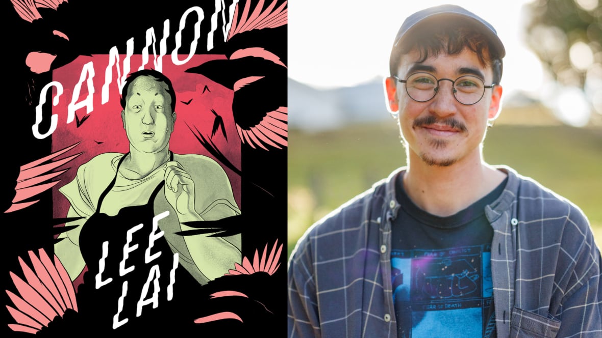 A composite image of an illustrated book cover beside a portrait of a woman with a hat and glasses on. 