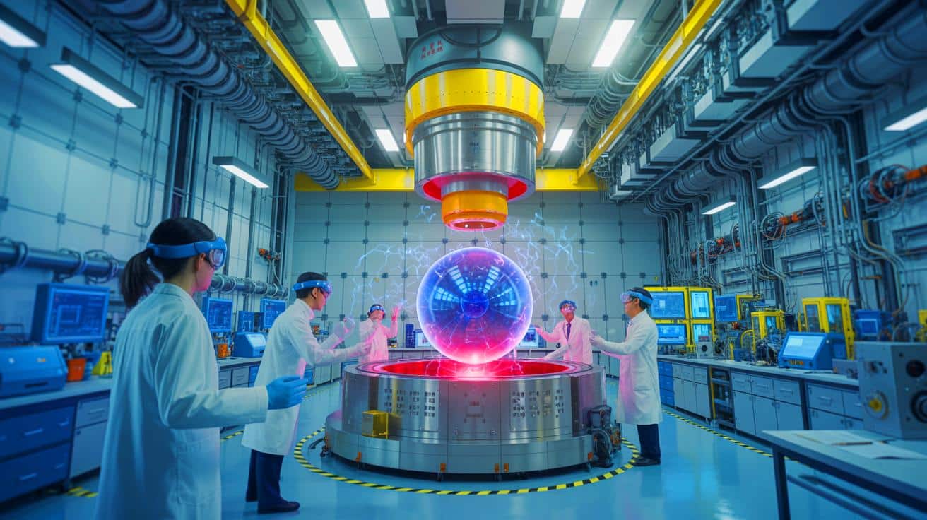 Illustration of Chinese scientists achieving a world record in superconducting magnet technology.