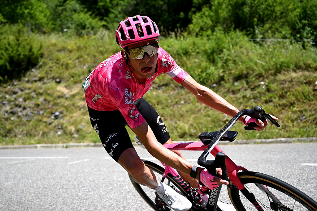 SAINT-GIRONS, FRANCE - JUNE 21: Hugh Carthy of Great Britain and Team EF Education - EasyPost competes during the 48th La Route d&amp;apos;Occitanie - CIC 2025, Stage 4 a 128.5km stage from Saint-Gaudens to Saint-Girons on June 21, 2025 in Saint-Girons, France. (Photo by Luc Claessen/Getty Images)