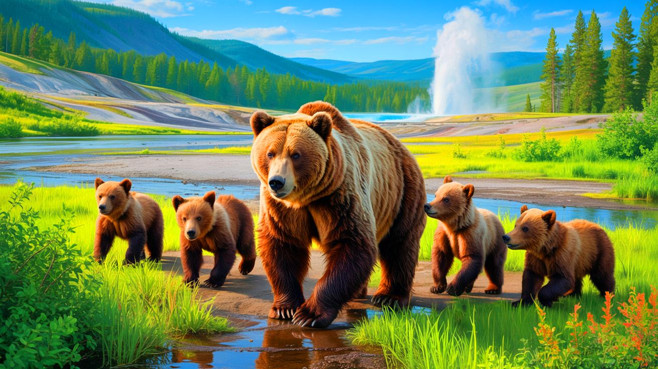Illustration of a grizzly bear known as "Supermom" with her five cubs in Yellowstone National Park.