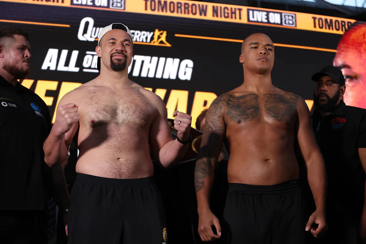 Joseph Parker (left) and Fabio Wardley (right) during a weigh-in at Spitalfields Market, London. Picture date: Friday October 24, 2025. (Photo by Steven Paston/PA Images via Getty Images)