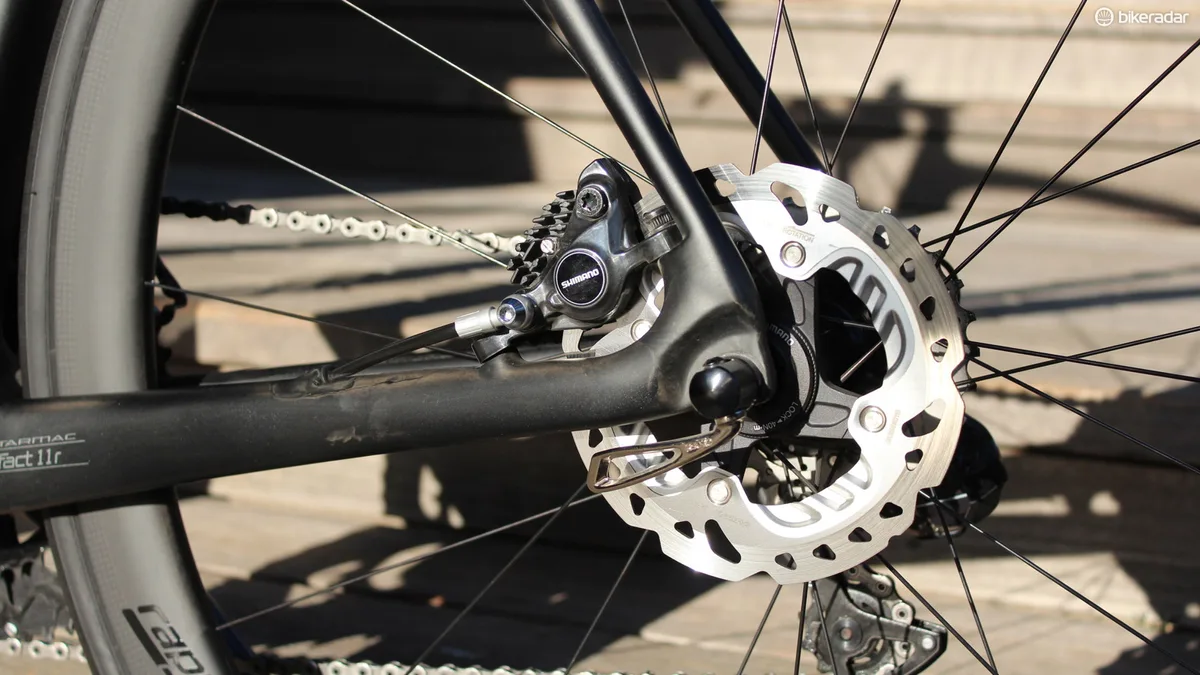 Shimano hydraulic disc brake and rotor on a 2018 Specialized S-Works Tarmac Disc