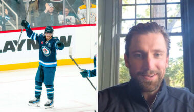 Wheeler congratulates Scheifele on becoming Jets all-time leading scorer