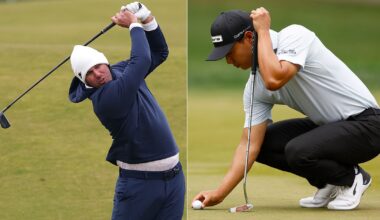 Brooks Kopeka hits a 3-iron, Justin Suh lines up a putt