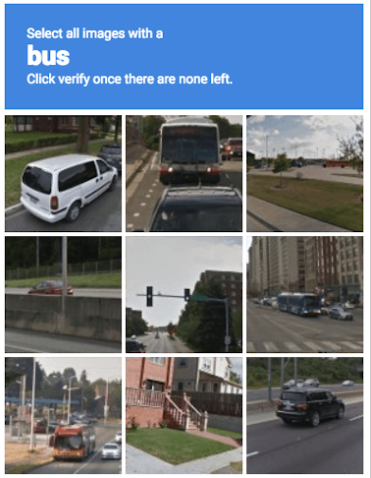 A screenshot of a CAPTCHA test asking a user to select all images with a bus.