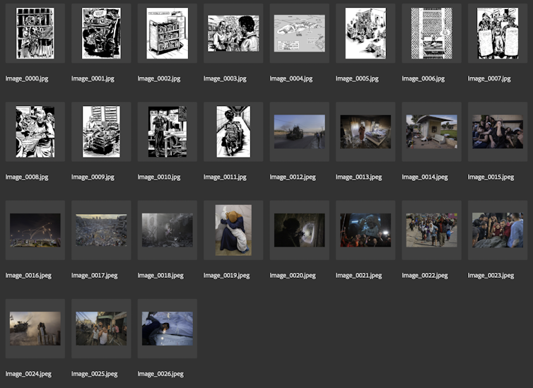 A screenshot of several image thumbnails, some illustrations and some photos.