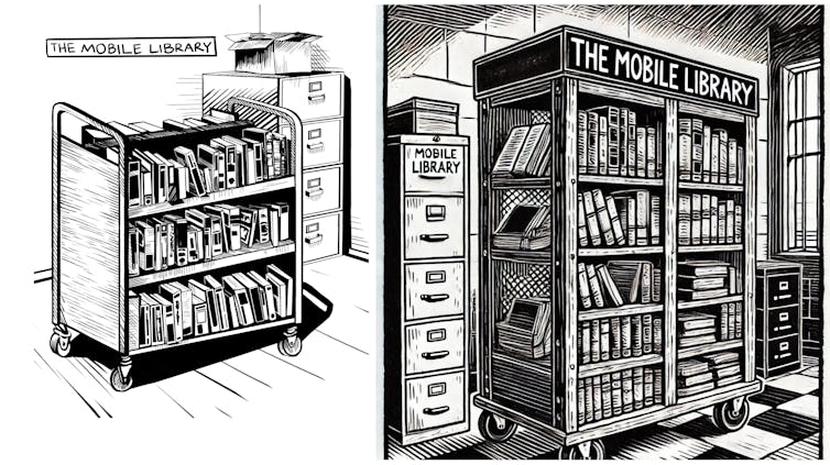 Two similar but different black and white illustrations of a bookshelf on wheels.