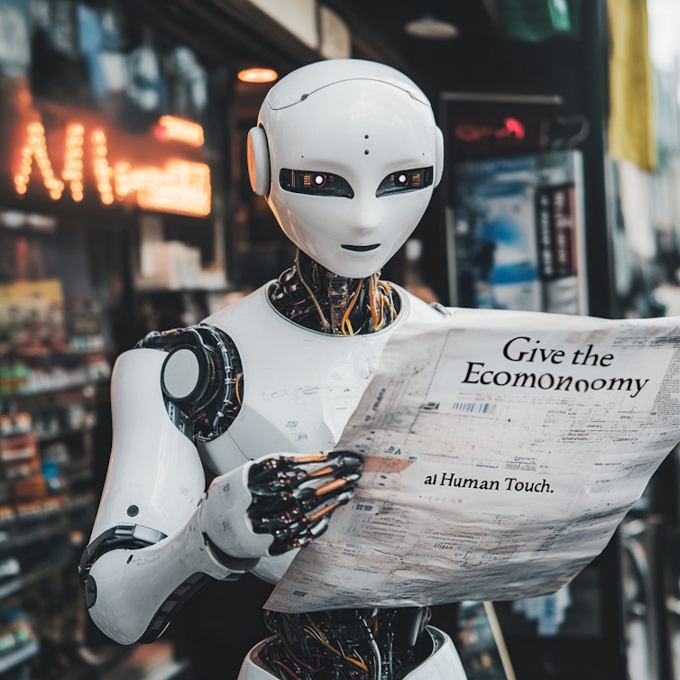 A humanoid robot holds a newspaper with a headline about the economy.