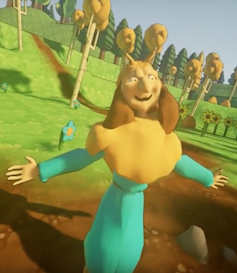 cartoon image a woman with horns smiling and holding her arms out theo her sides