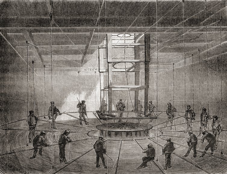 workers coiling telegraph cable, historic illustration.