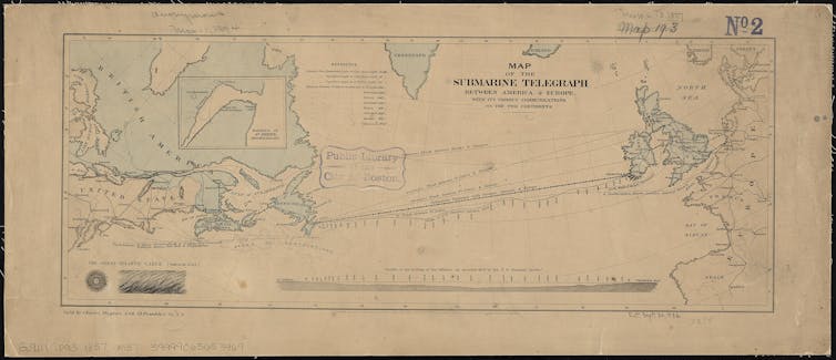 map of submarine telegraph cables, historic map.