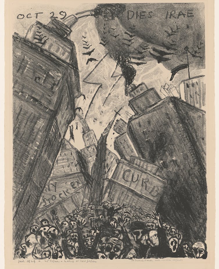 Lithograph of Wall Street, New York City, with panicked crowd, lightning, people jumping out of buildings, buildings falling, at time of stock market crash in 1929.