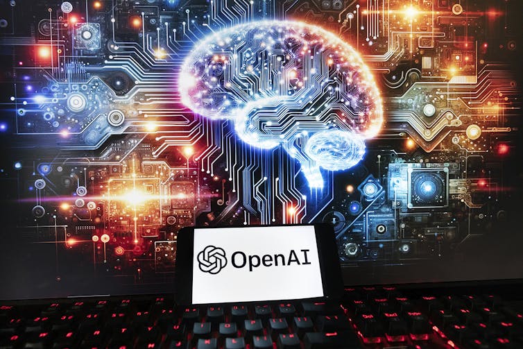 an image of a brain using the aesthetics of a chip behind a screen showing the openAI logo