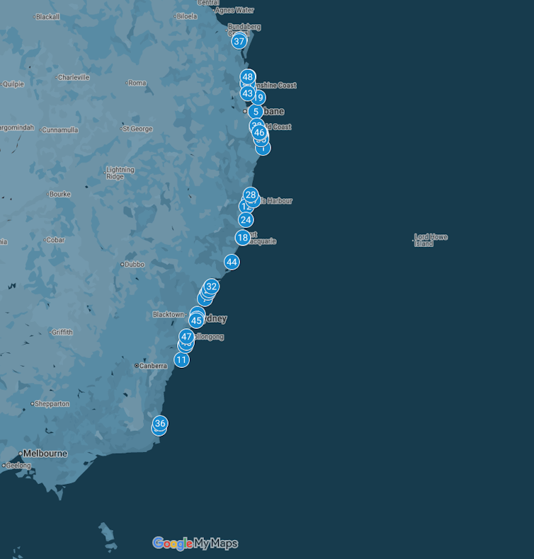 A graphic of the east coast of Australia, with blue dots representing whale entanglments.