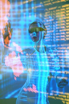 Neon cyber girl in futuristic glasses and overalls.