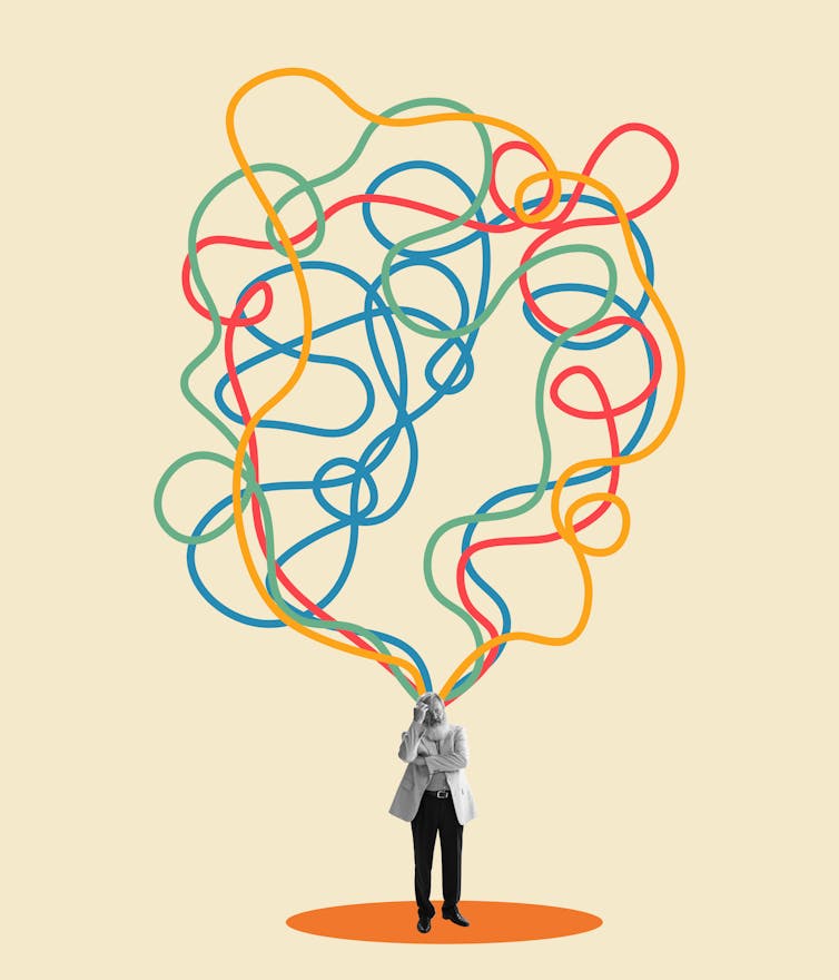 A black-and-white photo of an older man wearing a blazer has different-colored squiggle lines coming out from his head, forming a cloudlike shape above him