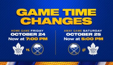 NHL announces time changes for Sabres games on Oct. 24 and 25