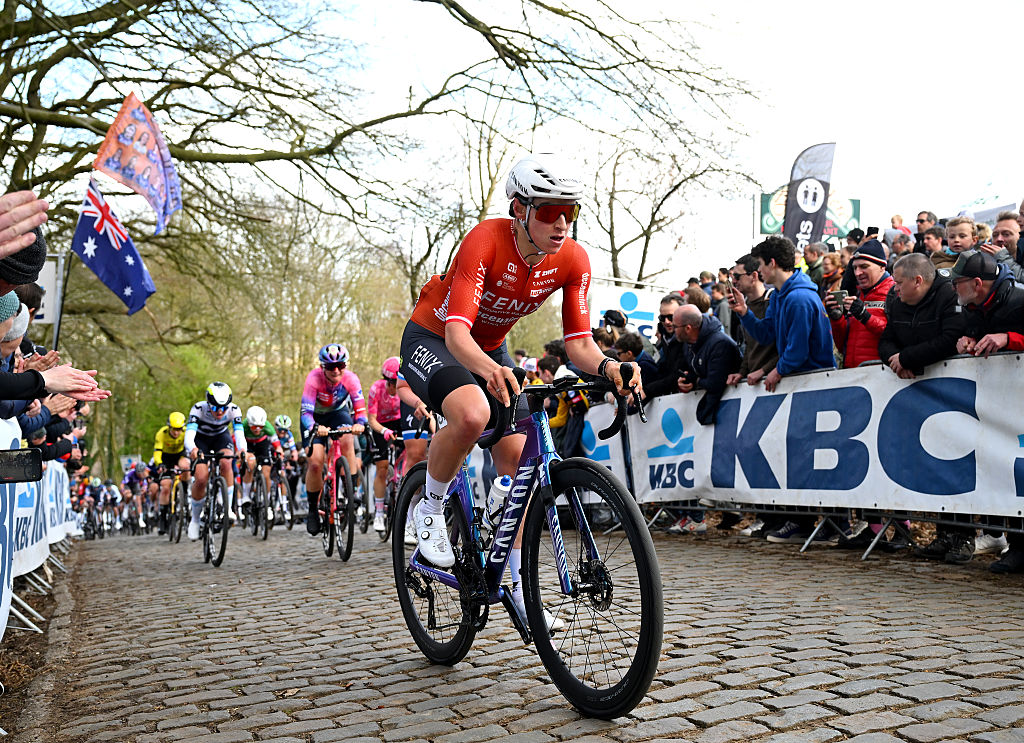 WEVELGEM, BELGIUM - MARCH 30: Christina Schweinberger of Austria and Team Fenix-Deceuninck competes passing through the Kemmelberg cobblestones sector during the 14th Gent-Wevelgem in Flanders Fields 2025, Women&amp;apos;s Elite a 168.9km one day race from Ypres to Wevelgem / #UCIWWT / on March 30, 2025 in Wevelgem, Belgium. (Photo by Luc Claessen/Getty Images)