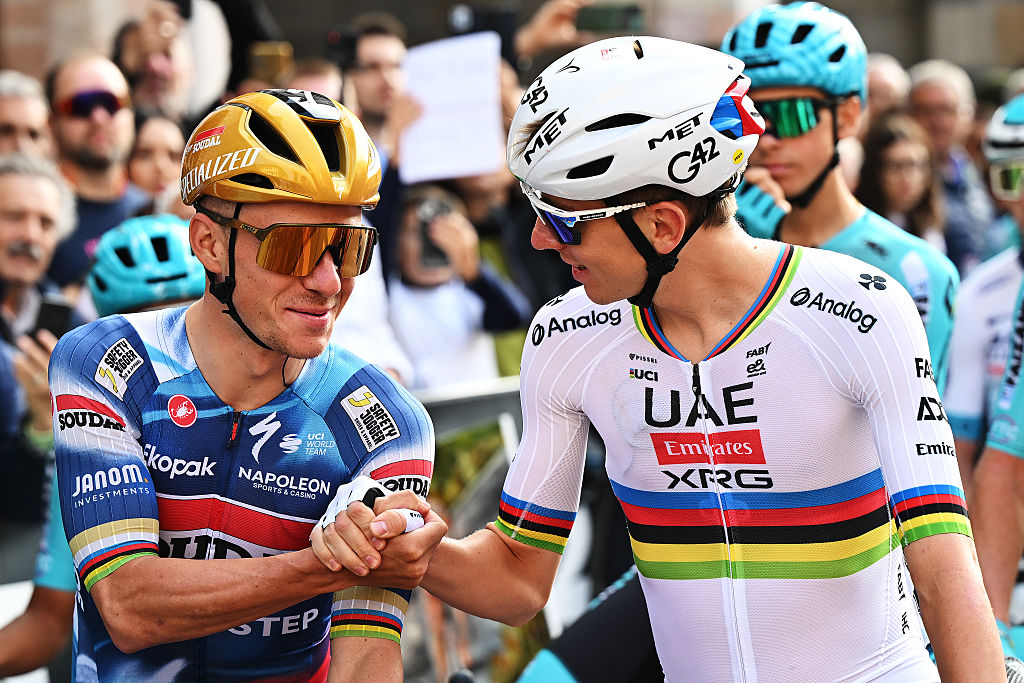 COMO, ITALY - OCTOBER 11: (L-R) Remco Evenepoel of Belgium and Team Soudal Quick-Step and Tadej Pogacar of Slovenia and Team UAE Team Emirates prior to the 119th Il Lombardia 2025 a 241km one day race from Como to Bergamo on October 11, 2025 in Como, Italy. (Photo by Dario Belingheri/Getty Images)