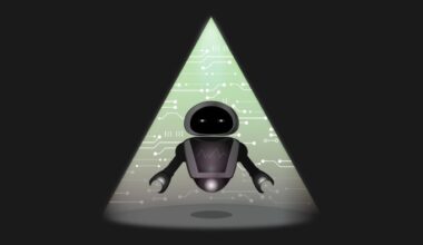 A robot hovers under a spotlight