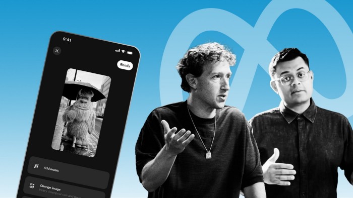 Mark Zuckerberg and Vishal Shah appear in front of the Meta logo and a screen showing Meta's Vibes app with a remix option.