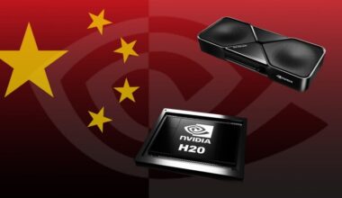Nvidia RTX Pro 600D graphics card and Nvidia H20 chip overlaid on a background with the Chinese flag stars and Nvidia logo