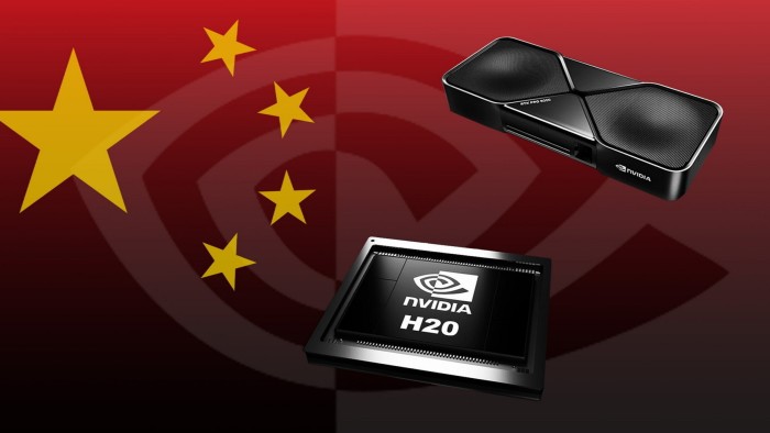 Nvidia RTX Pro 600D graphics card and Nvidia H20 chip overlaid on a background with the Chinese flag stars and Nvidia logo