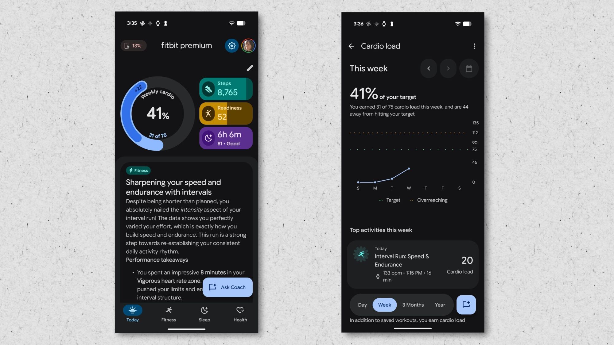 Screenshots of cardio load in the new app