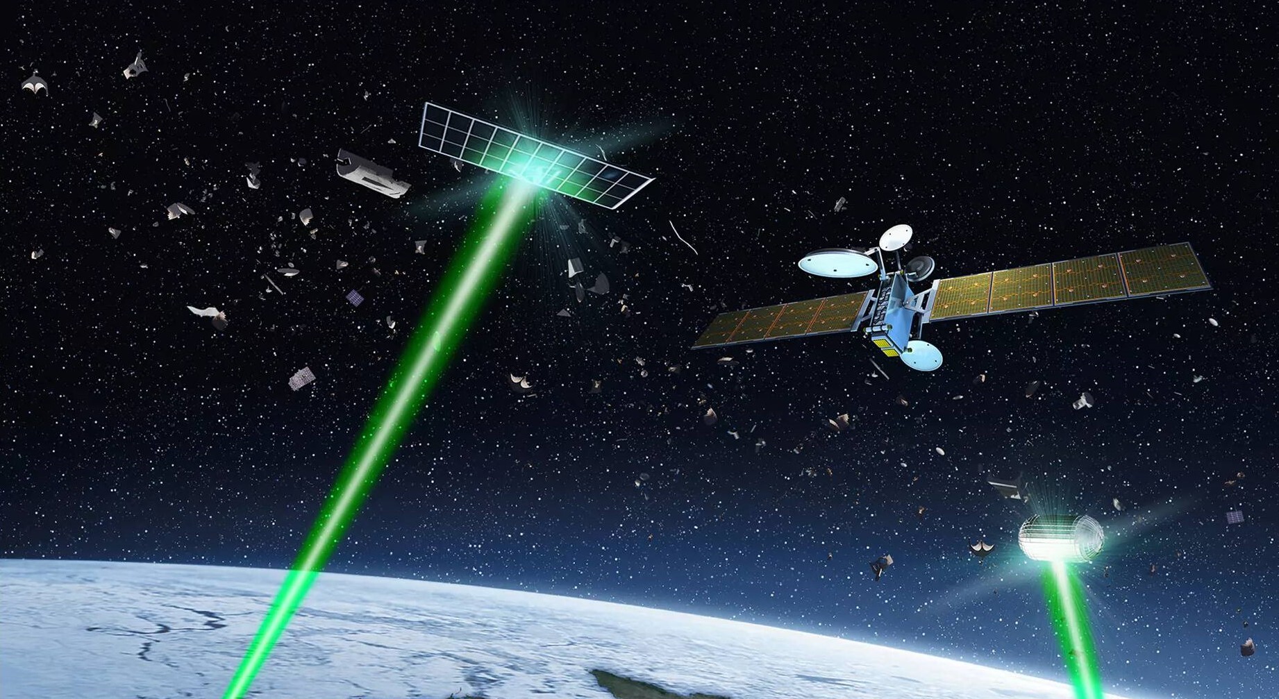 An illustration showing satellites above Earth being hit with bright green lasers from Earth