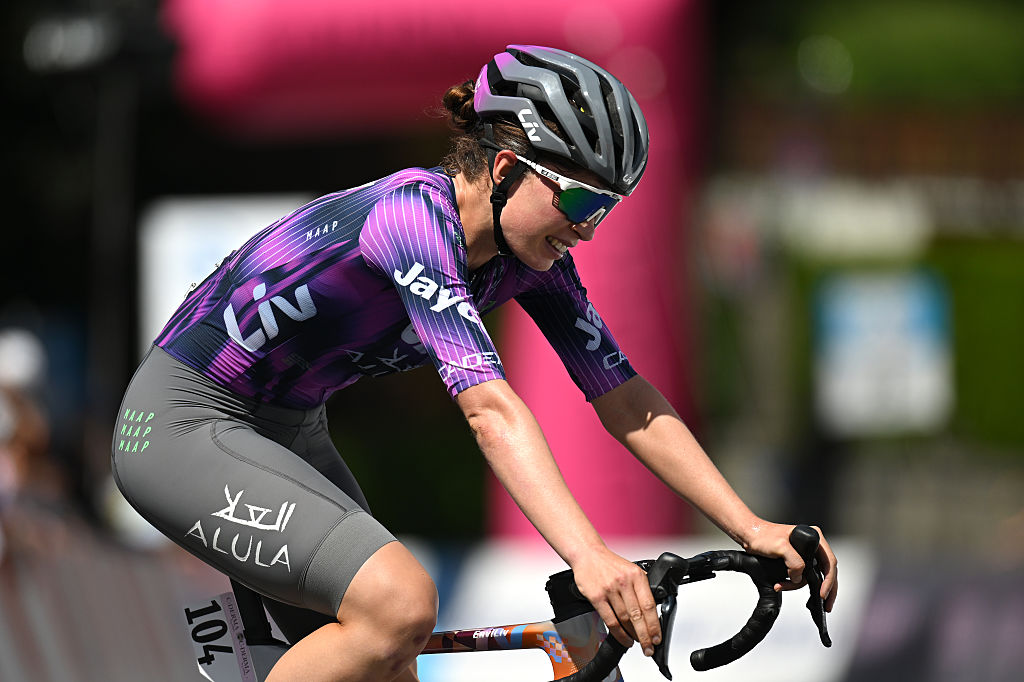 VILLARS-SUR-OLLON, SWITZERLAND - AUGUST 15: Ruby Roseman-Gannon of Australia and Team Liv AlUla Jayco crosses the finish line during the 4th Tour de Romandie Feminin 2025, Stage 1 a 4.4km individual time trial stage from Huemoz to Villars-sur-Ollon / #UCIWWT / on August 15, 2025 in Villars-sur-Ollon, Switzerland. (Photo by Dario Belingheri/Getty Images)