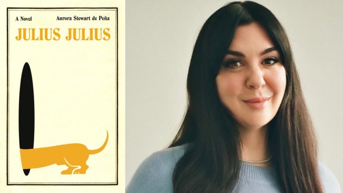 A book cover of a yellow dachshunds entering a black hole. A headshot of a woman with long black hair.