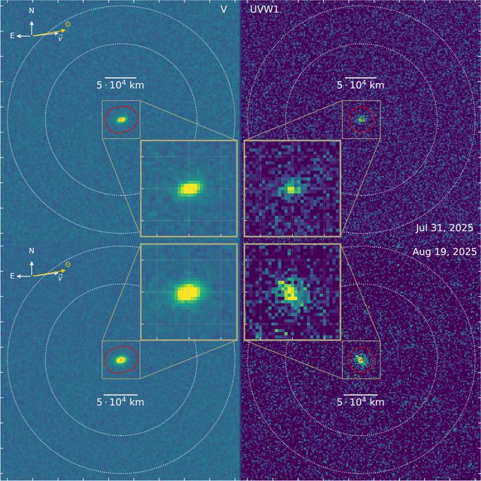 A diagram showing the comet's position on Jul 31, 2025 and Aug 19 2025