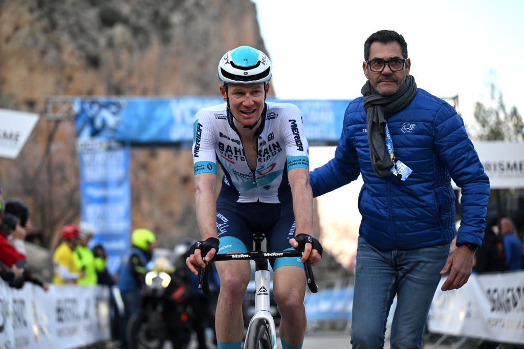 BENIFATO, SPAIN - FEBRUARY 06: Jack Haig of Australia and Team Bahrain - Victorious crosses the finish line during the 76th Volta a la Comunitat Valenciana 2025, Stage 2 a 166km stage from La Nucia to Benifato 1033m on February 06, 2025 in Benifato, Spain. (Photo by Szymon Gruchalski/Getty Images)