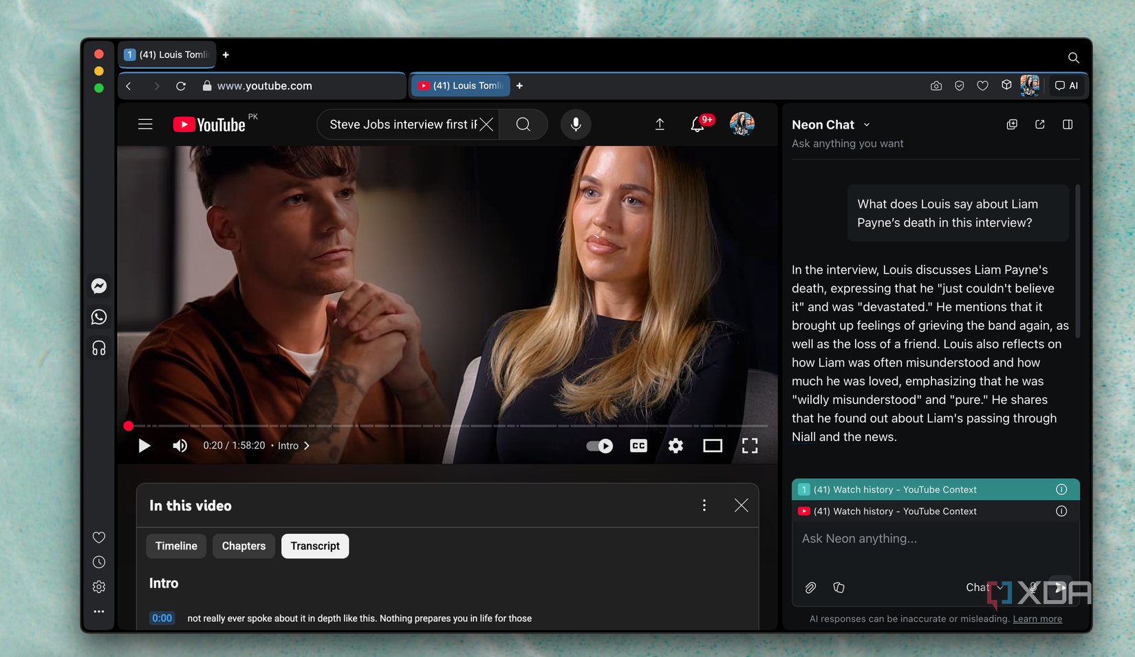 Louis Tomlinson interview open in YouTube with Neon Chat in sidebar