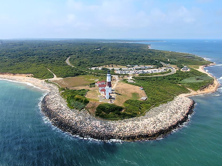 Aerial view of the Montauk Point Lighthouse at Montauk Point State Park