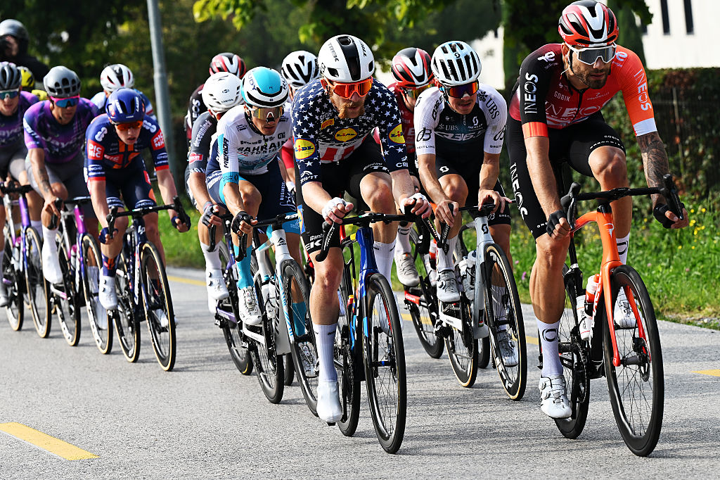 BERGAMO, ITALY - OCTOBER 11: (L-R) Quinn Simmons of United States and Team Lidl - Trek and Filippo Ganna of Italy and Team INEOS Grenadiers compete in the breakaway during the 119th Il Lombardia 2025 a 241km one day race from Como to Bergamo on October 11, 2025 in Bergamo, Italy. (Photo by Dario Belingheri/Getty Images)