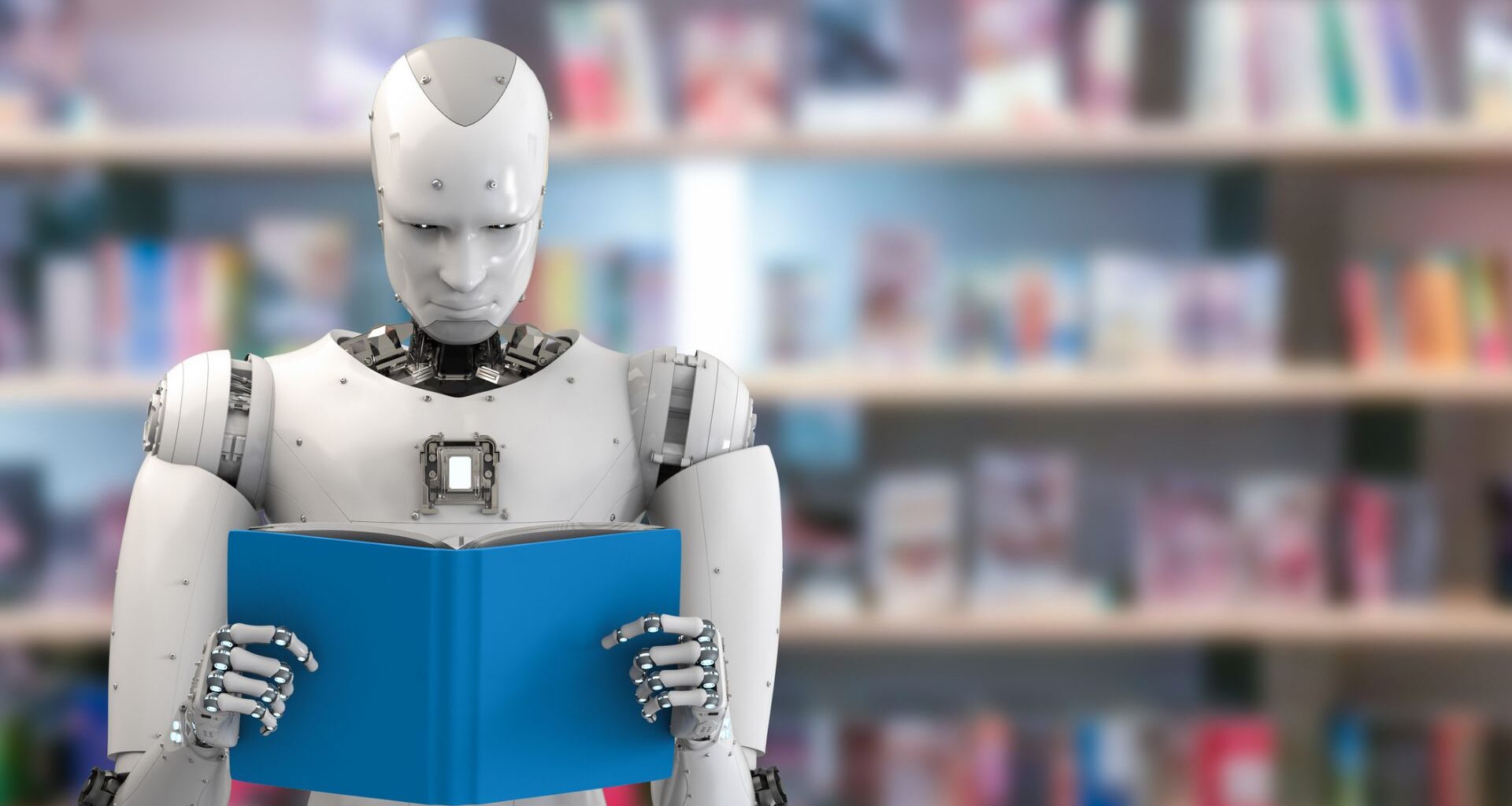 A robot reading a book in a library.