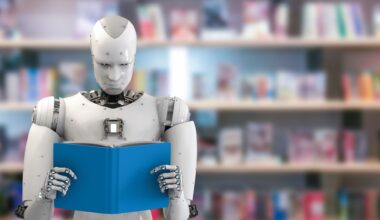 A robot reading a book in a library.